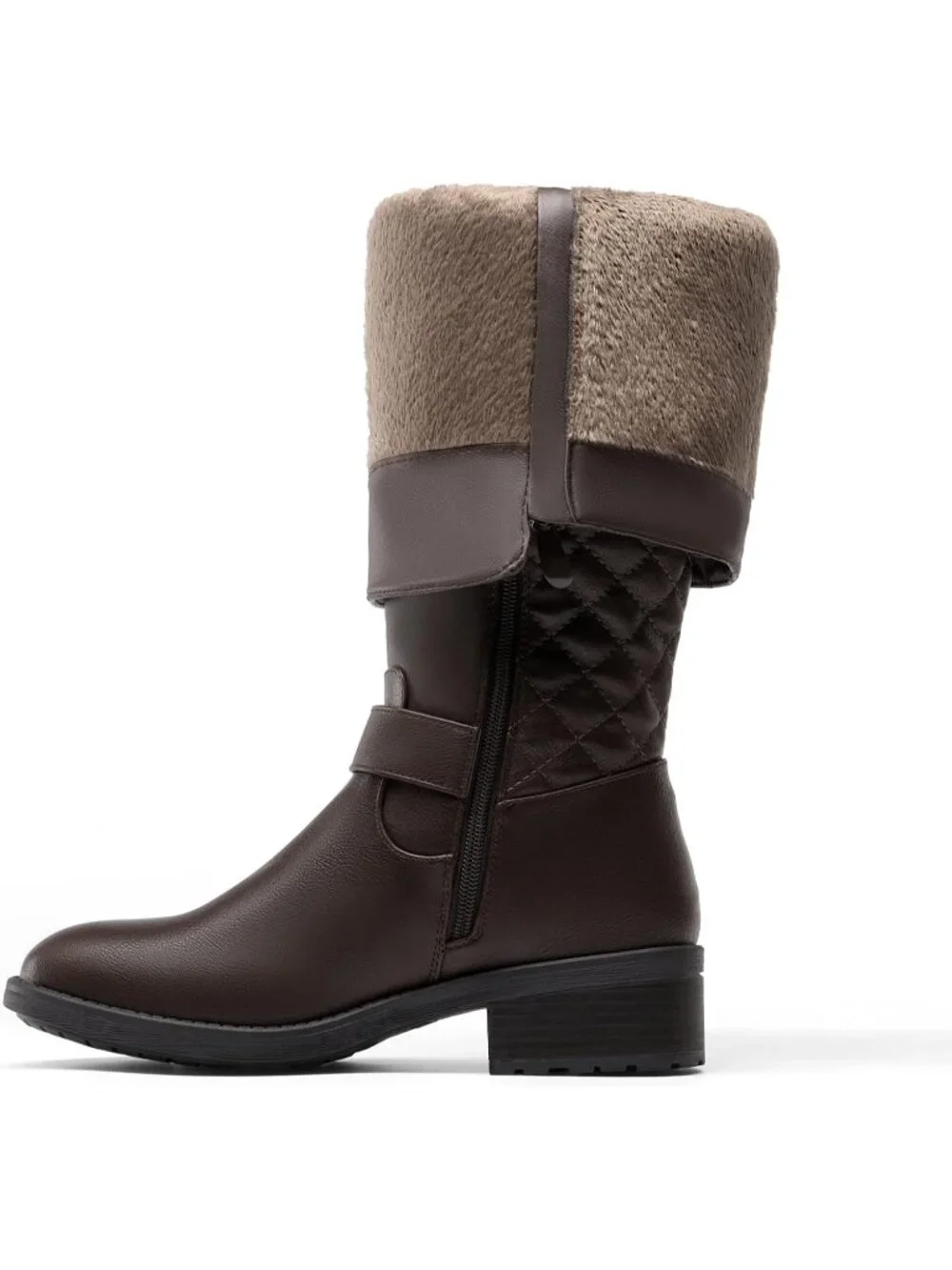 Women's Brown Comfortable Chunky Block Heel Round Toe Side Zipper Knee High Boot